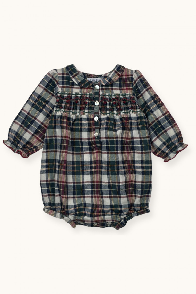 Lina hand-smocked romper in tartan