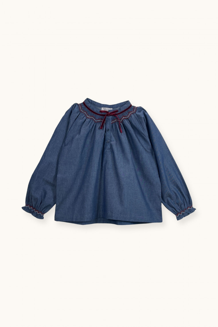 Aria blouse hand-embroidered in chambray