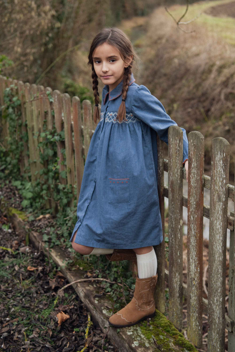 Cassie dress hand-smocked in brushed chambray