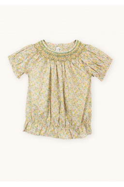 Hand smocked blouse in Liberty Gaia