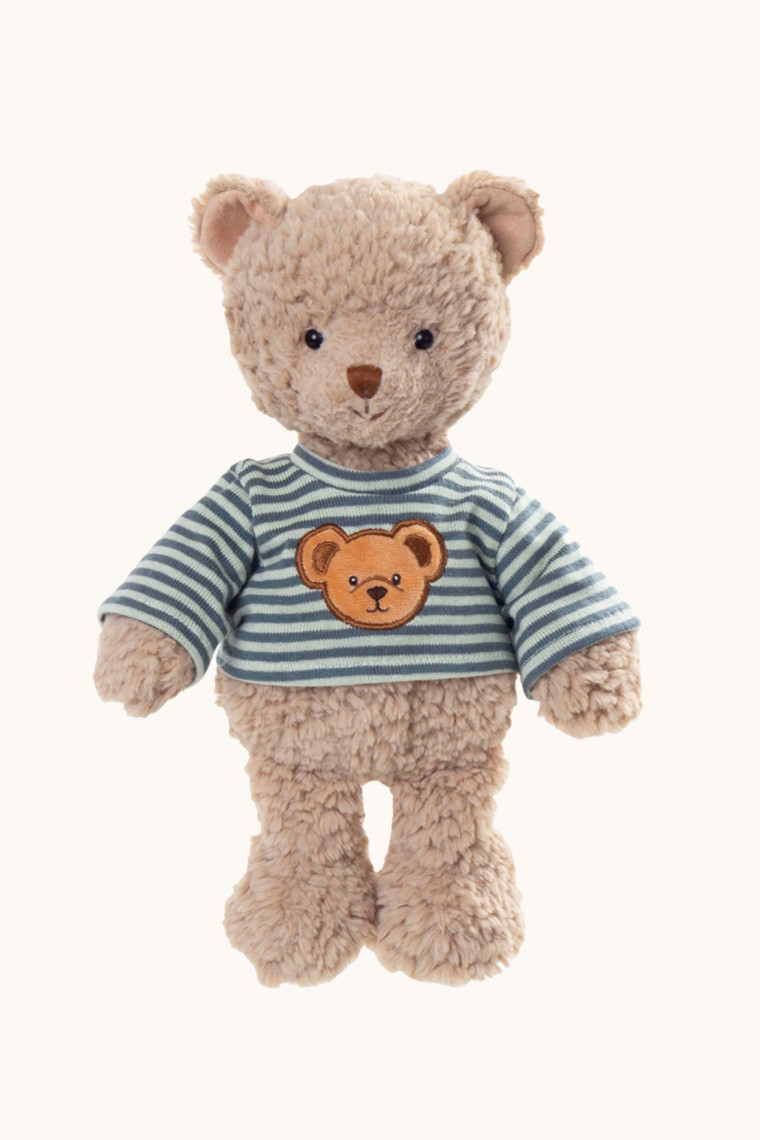 Colin teddy bear Bukowski with blue striped sweatshirt