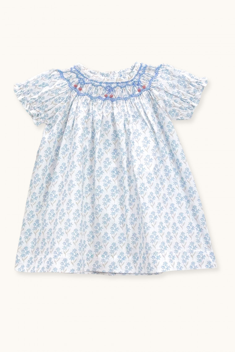 Cherry smocked baby dress in Primrose blue
