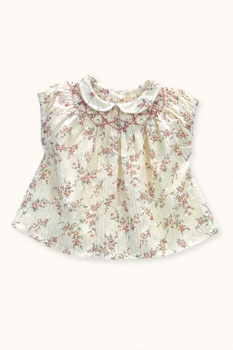 Blouse Pirouette smockée plumetis roses bouquet